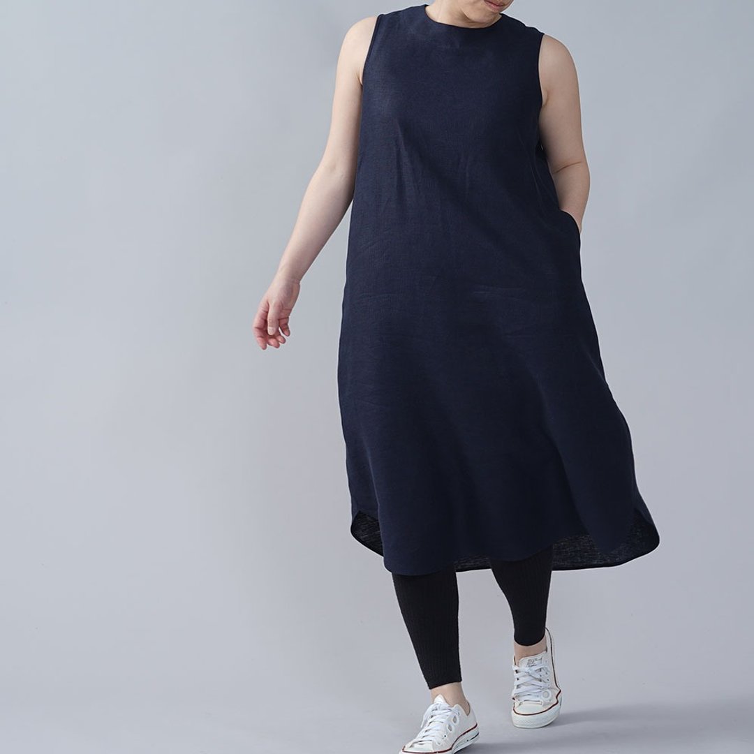 wafu - 純亞麻洋裝 Midweight Linen Sleeveless Dress / Navy a069c-neb2 - 洋装/连衣裙 - 亚麻 蓝色