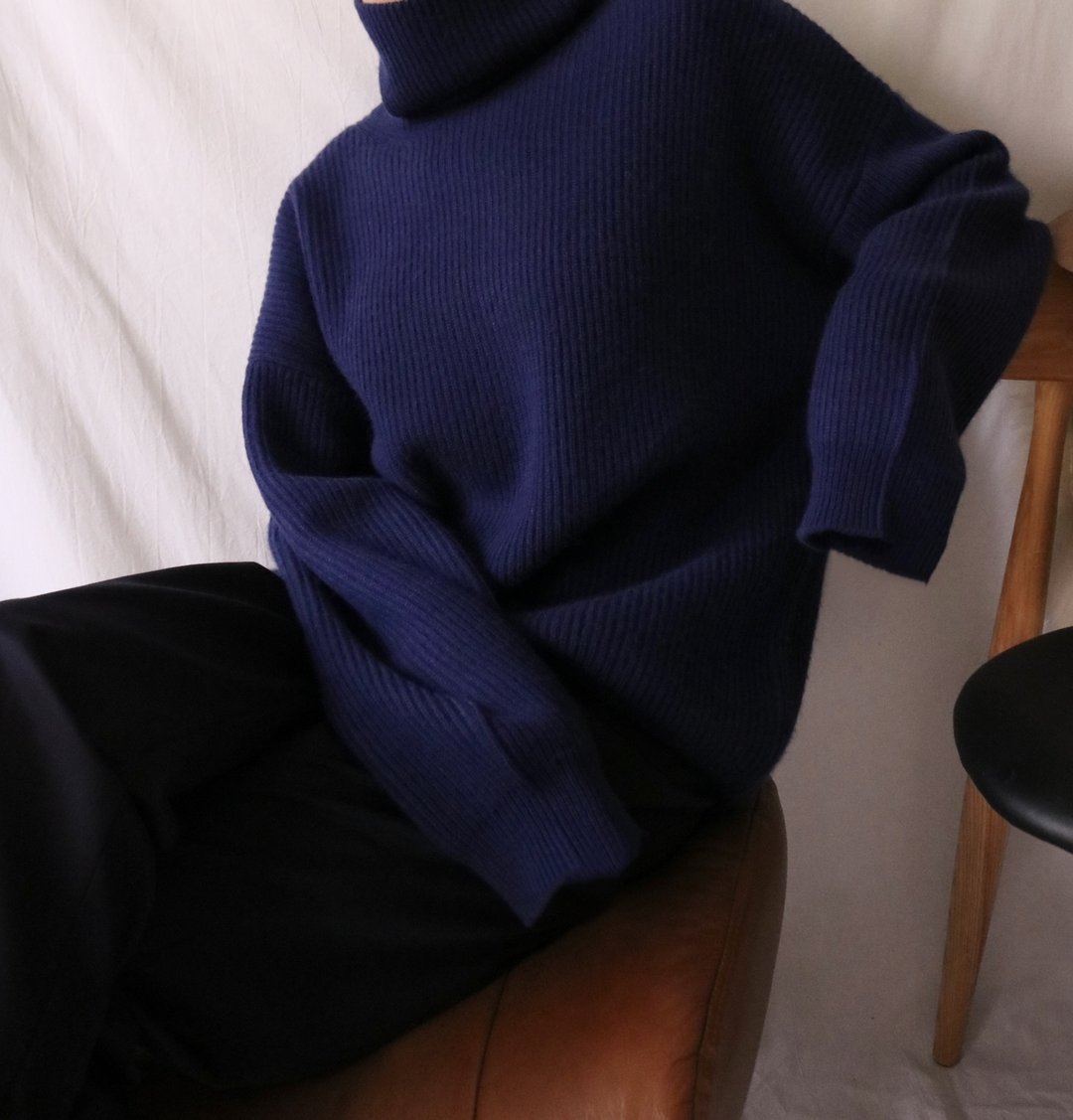 【 样品出清 】 套头落肩罗纹喀什米尔羊毛毛衣 海军蓝XS - 女装针织衫/毛衣 - 羊毛 