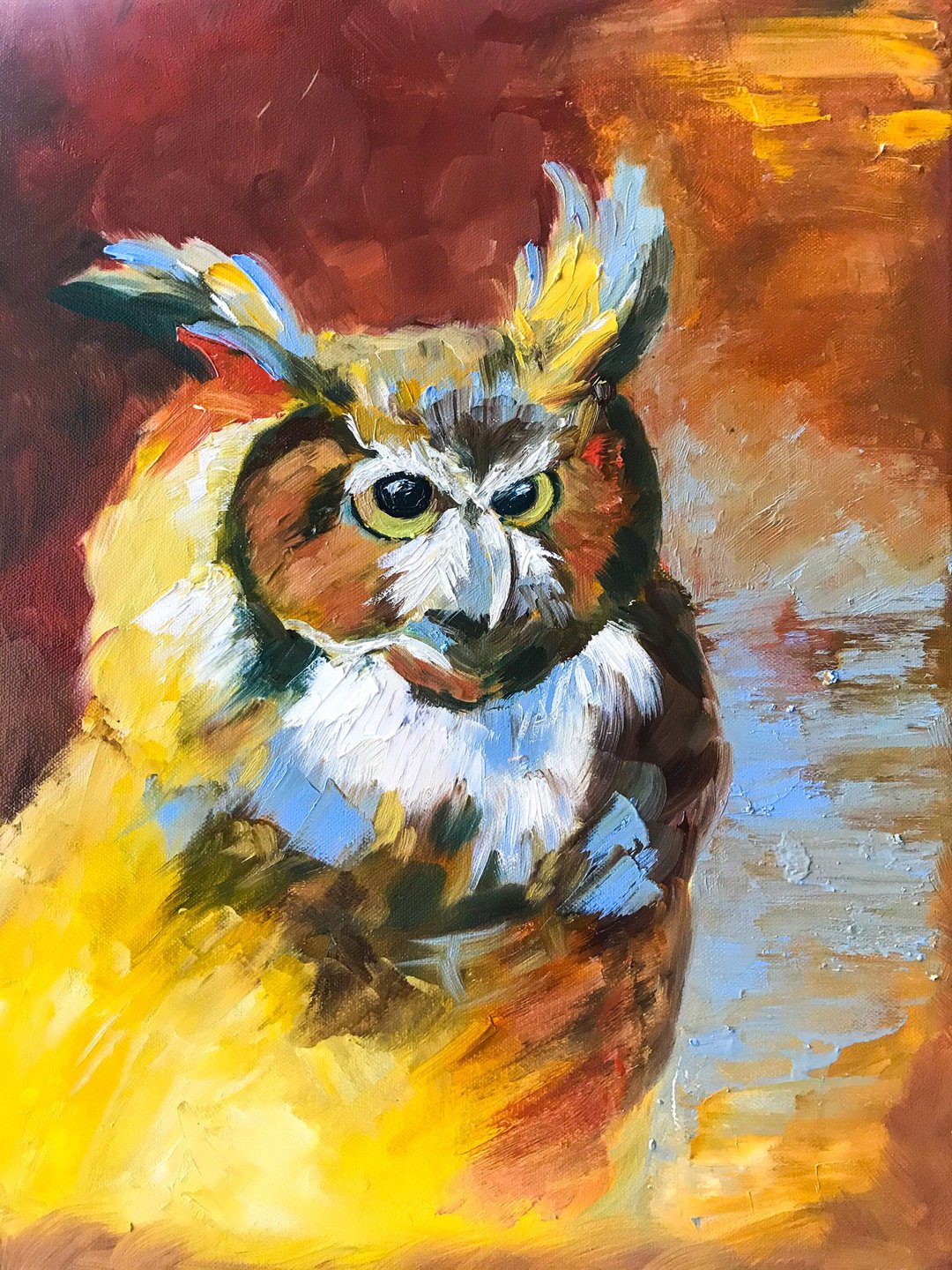 Owl Painting Bird Original Art Wild Animal Wall Art - 海报/装饰画/版画 - 棉 橘色