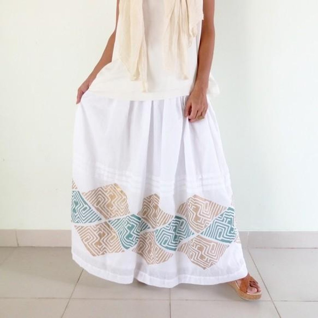 Made-to-order / green / block print gathered skirt - 裙子 - 棉 白色