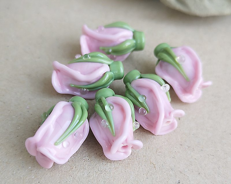 Rose Glass Flower Beads 1 pcs Pink Handmade Lampwork Glass Roses Flower Beads - 陶艺 - 玻璃 粉红色