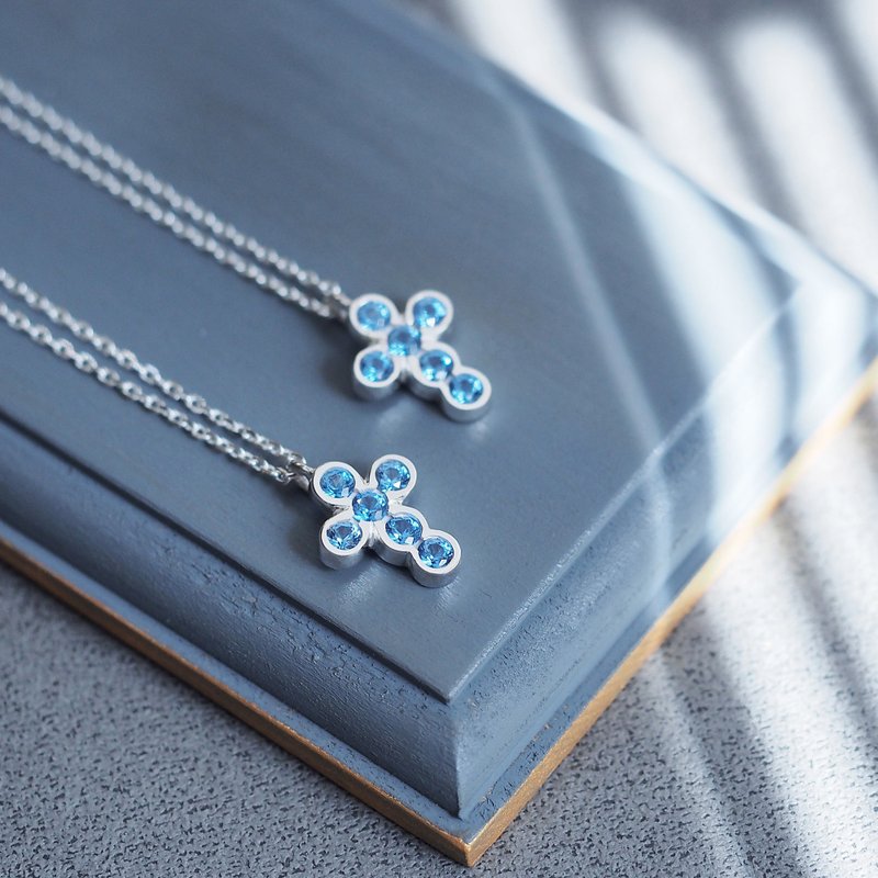 2 pieces set) Aquamarine Round Cross Pair Necklace Silver 925 - 项链 - 宝石 蓝色