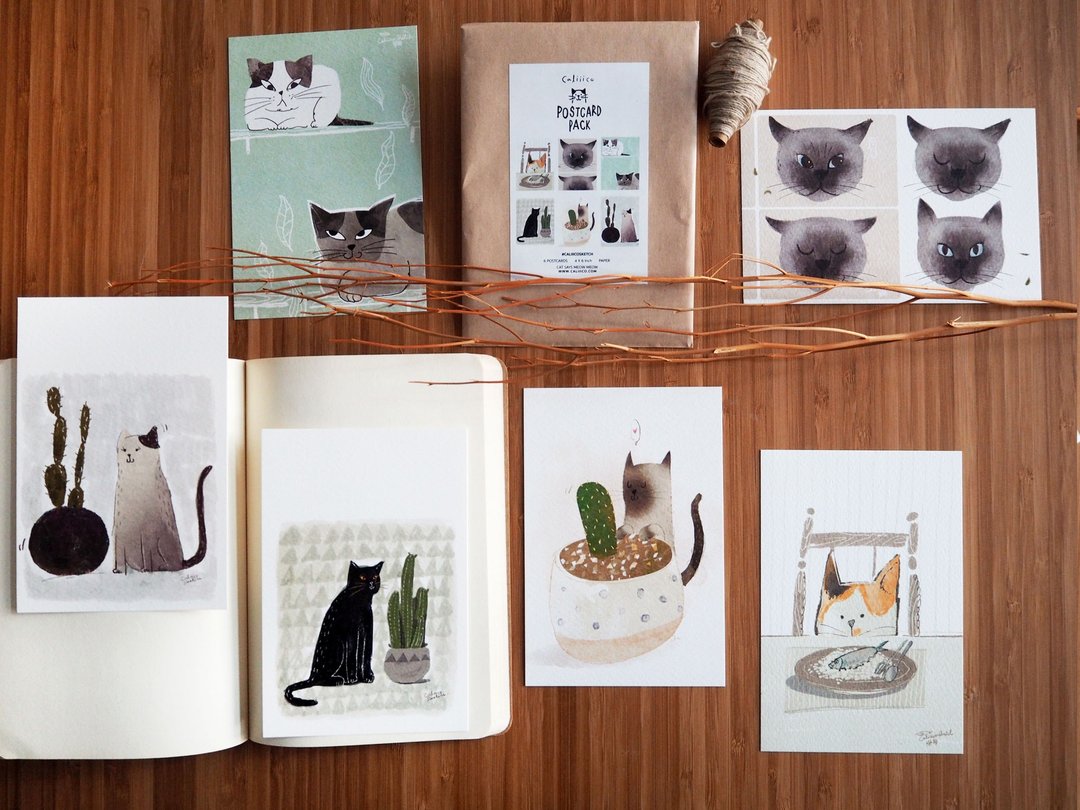 猫咪插画明信片，6张一组，多种款式，4x6英寸 PS002 - 卡片/明信片 - 纸 金色