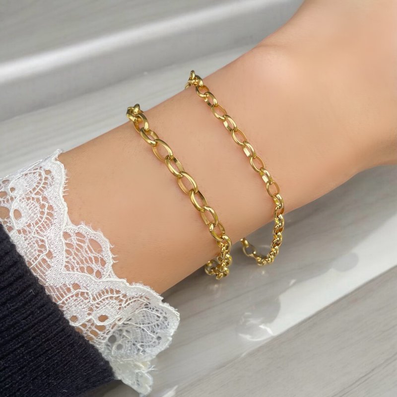 金属过敏友善 可长时间配戴 椭圆链式手链 316L 医疗级不锈钢 - 手链/手环 - 贵金属 金色