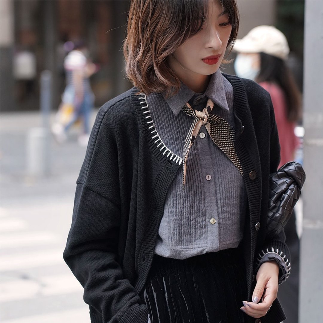黑色圆领针织开衫|针织衫|外套|秋款|羊毛混纺|Sora-591 - 女装针织衫/毛衣 - 羊毛 黑色