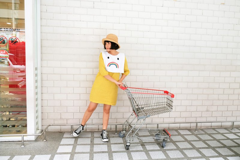 Unhappy Rainbow Dress - Yellow Mustard - 洋装/连衣裙 - 绣线 黄色