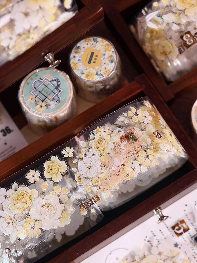 黄玫瑰  复古黄月季花卉和纸PET贝壳光模切手帐胶带 - 纸胶带 - 纸 多色