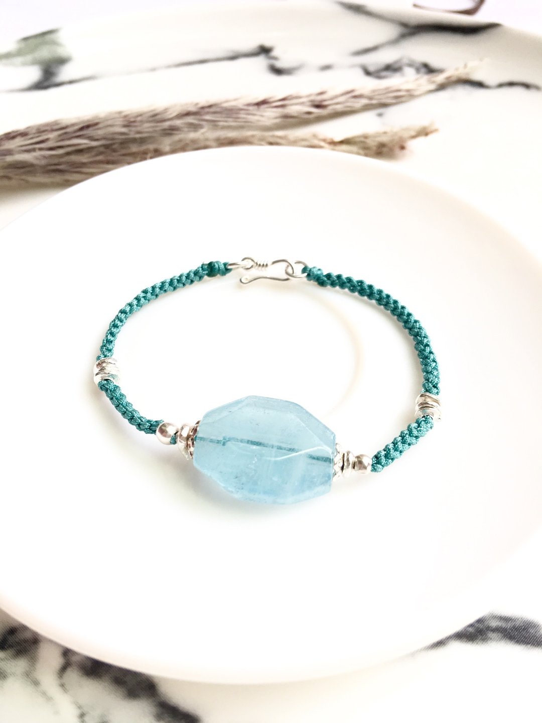 Ops Aquamarine silver blue light bracelet -海水蓝宝/纯银/手工/限定/蓝绿色/绳编/幸运/清爽 - 手链/手环 - 宝石 蓝色