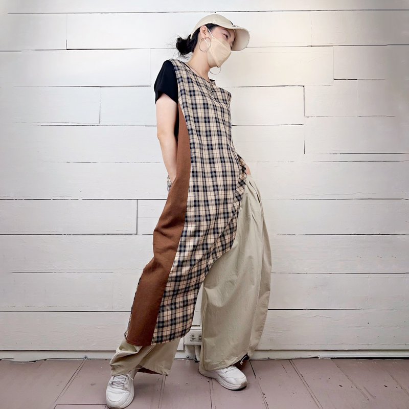 黄格/咖 侧拼布抽皱不规则长背心 # U7011 - 女装背心 - 棉．麻 咖啡色