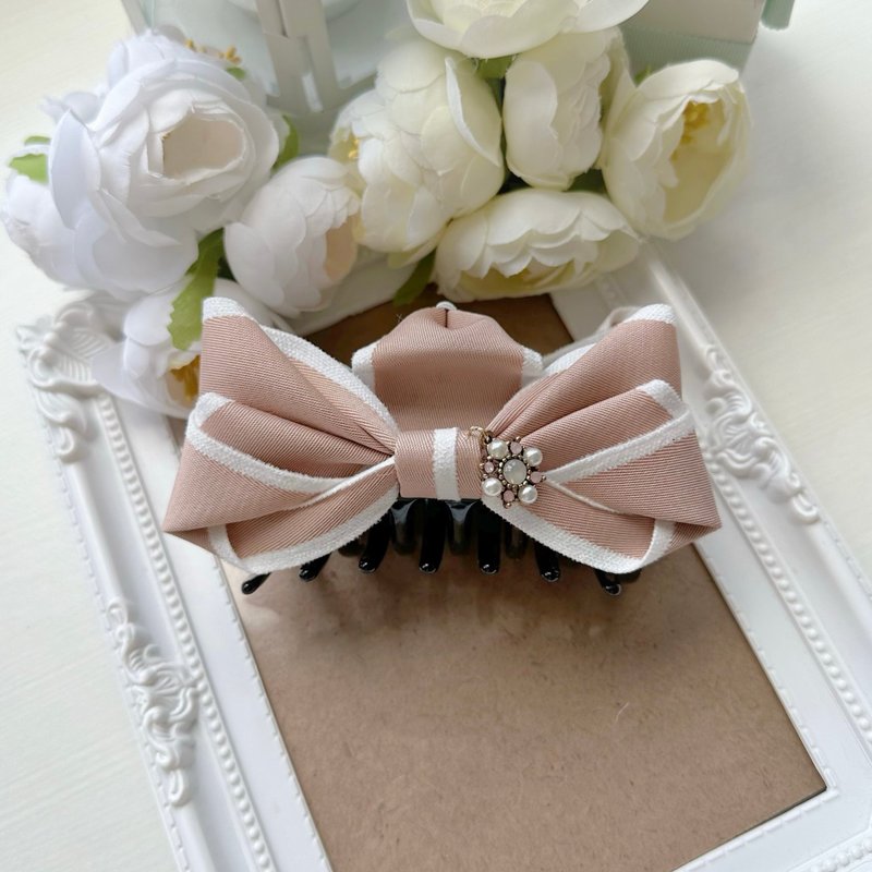 独家款拼色条纹蝴蝶结大抓夹鲨鱼夹-灰粉色 - 发饰 - 其他材质 粉红色