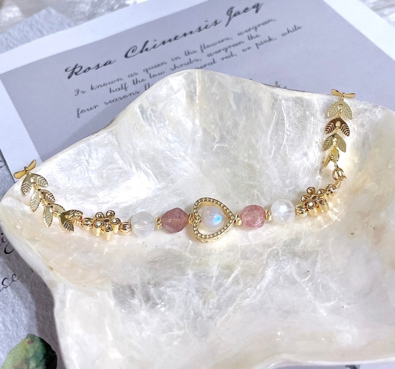 爱情/姻缘/希望/月光石/蔷薇辉石//水晶14K保金手链 - 手链/手环 - 其他金属 白色