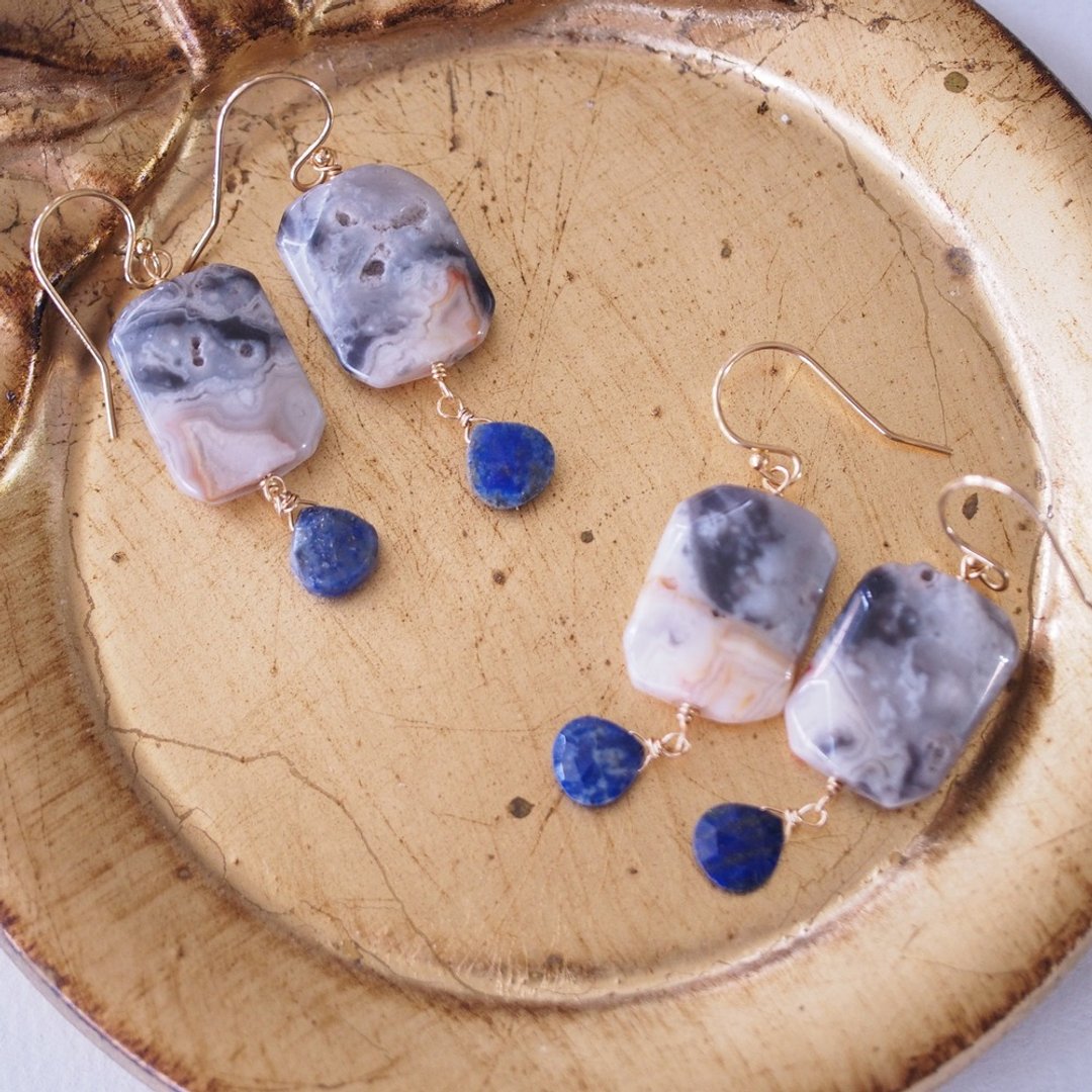 天然疯狂蕾丝玛瑙 青金石 14Kgf 天然石耳环 Crazy Lace Agate - 耳环/耳夹 - 半宝石 蓝色