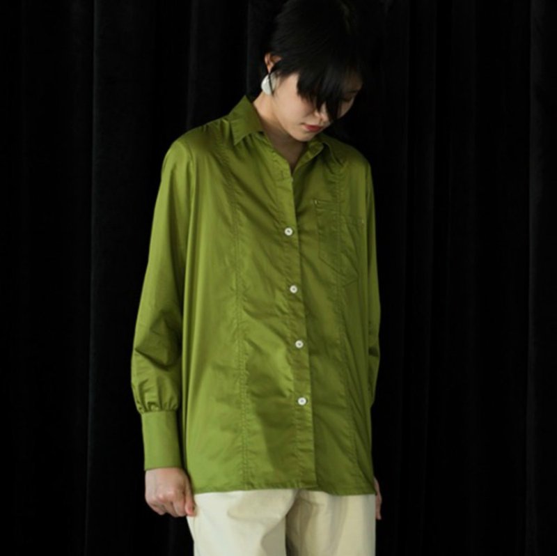 牛油果绿色 经典分割宽松衬衫 秋冬复古长袖衬衣 精梳长绒纯棉质 - 女装衬衫 - 棉．麻 绿色