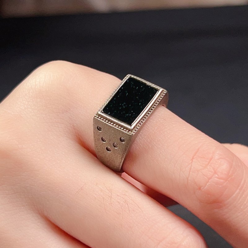 墨翠翡翠无事牌戒指 925纯银 | 天然缅甸玉翡翠A货 | 送礼 - 戒指 - 玉石 黑色