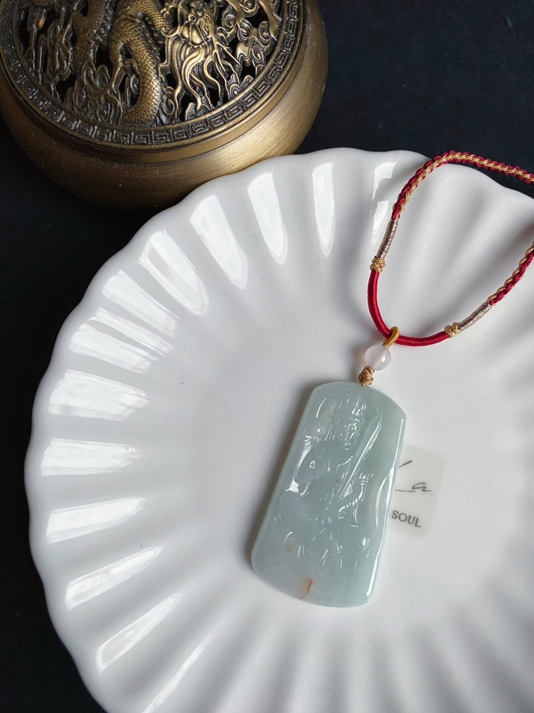文殊菩萨 天然缅甸玉翡翠 吊坠 项链 开智慧 定心 安神 守护 - 项链 - 玉石 绿色