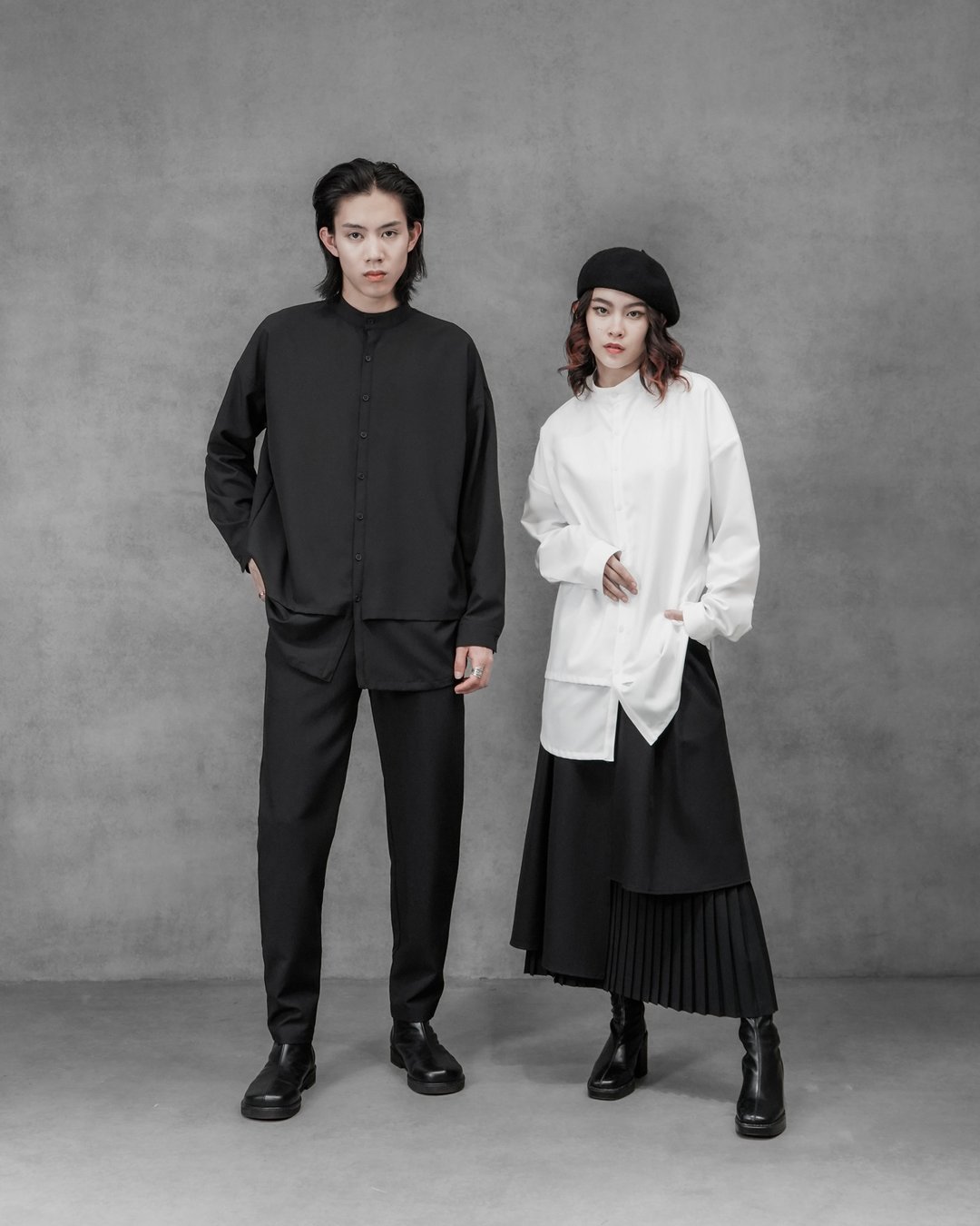 MUKK DESIGN 双层直筒立领衬衫-黑 - 男装衬衫 - 聚酯纤维 黑色