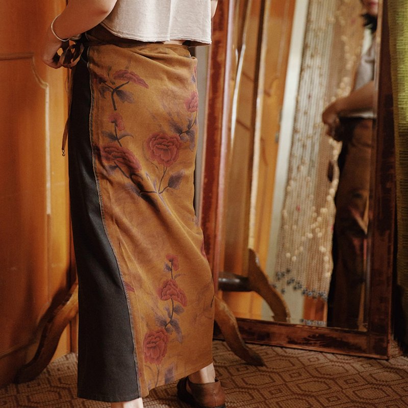 枯葉黃色 設計感文藝復古香雲紗老布裹裙 天然植物染薯真絲長裙子 - 裙子 - 丝．绢 黄色