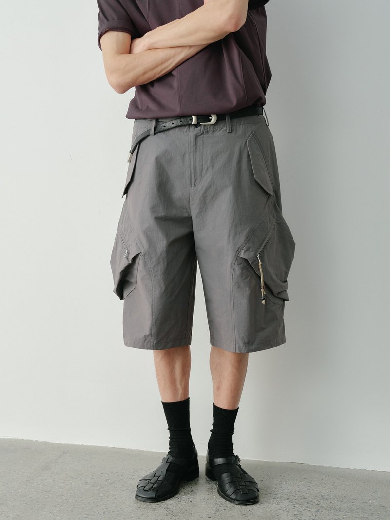 日系复古 大口袋薄款工装短裤 - 男士短裤 - 其他材质 灰色
