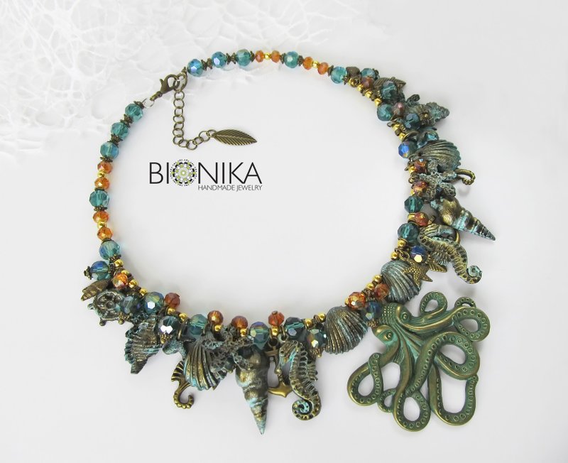 Octopus Luxury necklace Sea Shell Seahorse Starfish clay necklace Kraken jewelry - 项链 - 粘土 绿色