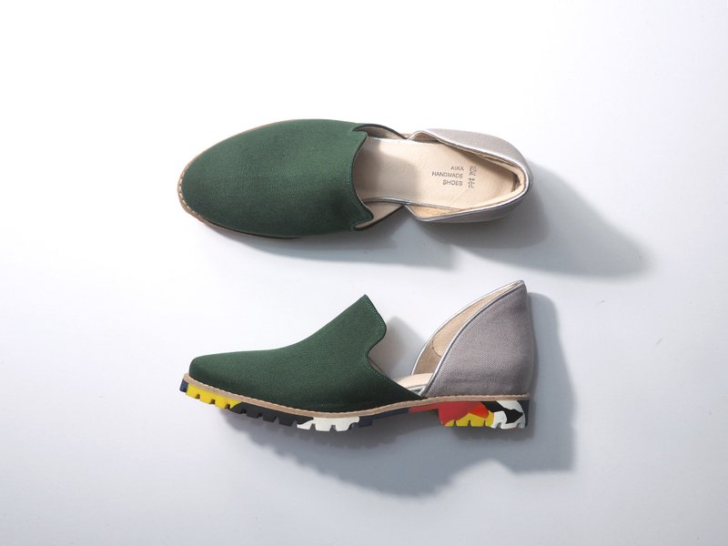 爱花乐福-日本酒袋布+彩色鞋底 - 女款休闲鞋 - 棉．麻 绿色