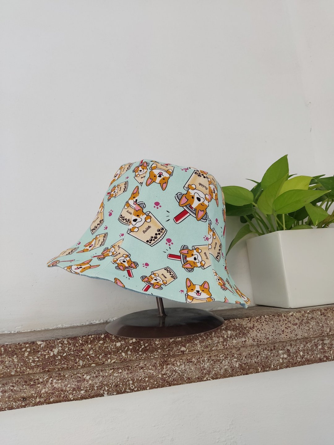 手工双面渔夫帽/短帽檐/遮阳帽/水蓝色/珍珠奶茶柯基 - 帽子 - 棉．麻 