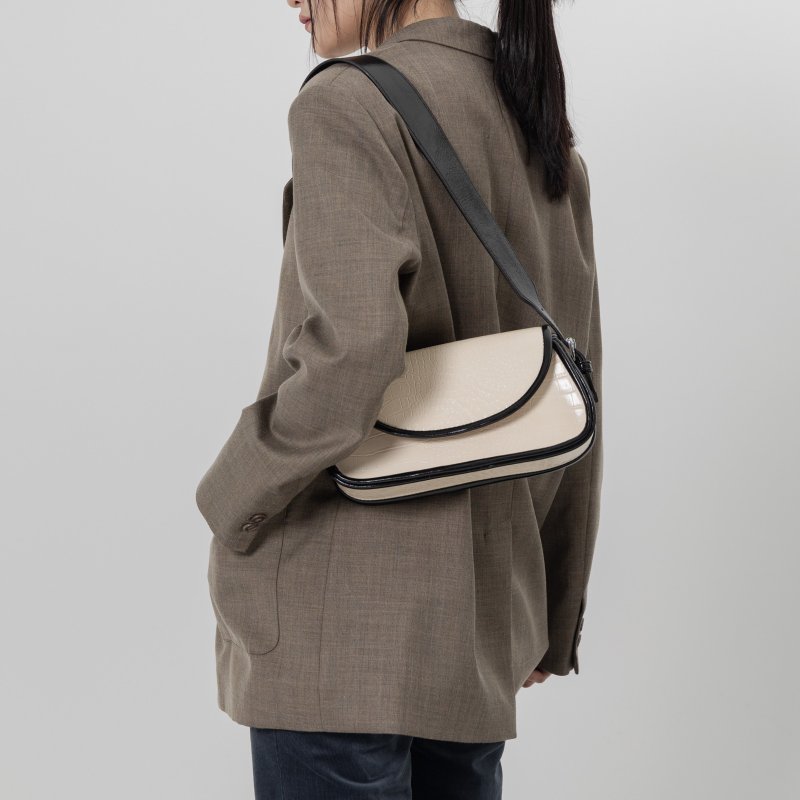 乳白色 複古hobo腋下包 鳄魚壓紋法棍包 肩背手提通勤馬鞍包小包 - 侧背包/斜挎包 - 人造皮革 白色