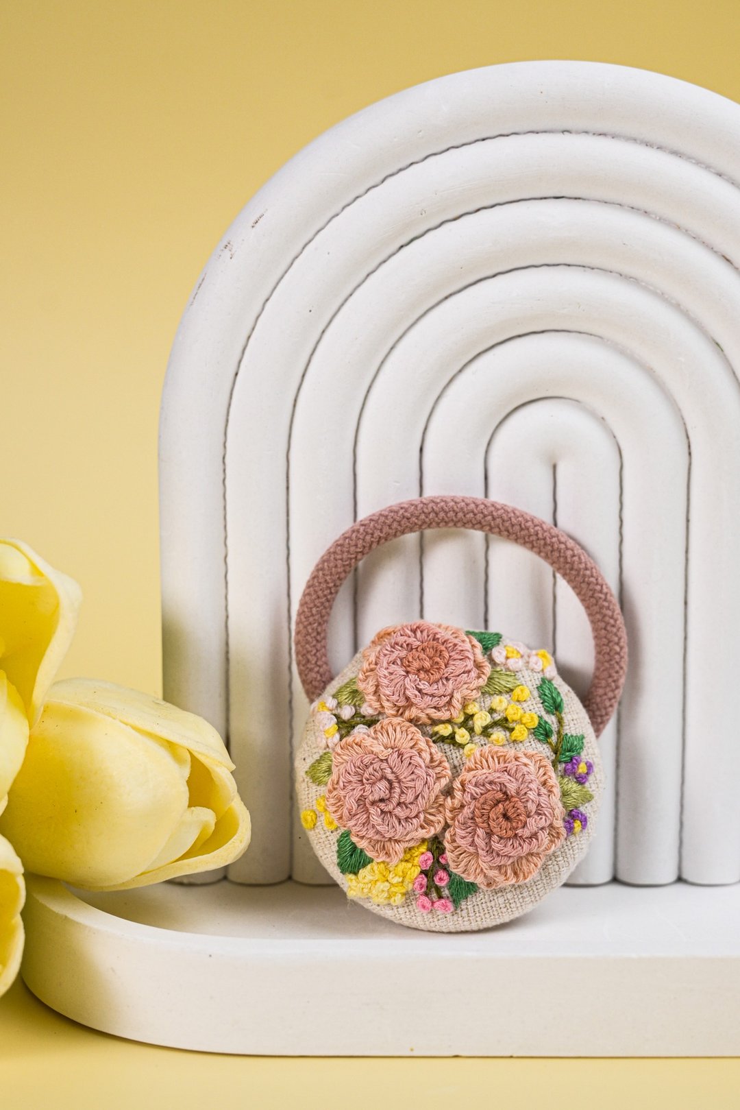 hair rubber band, flower lover pattern, baby color - 发饰 - 绣线 粉红色