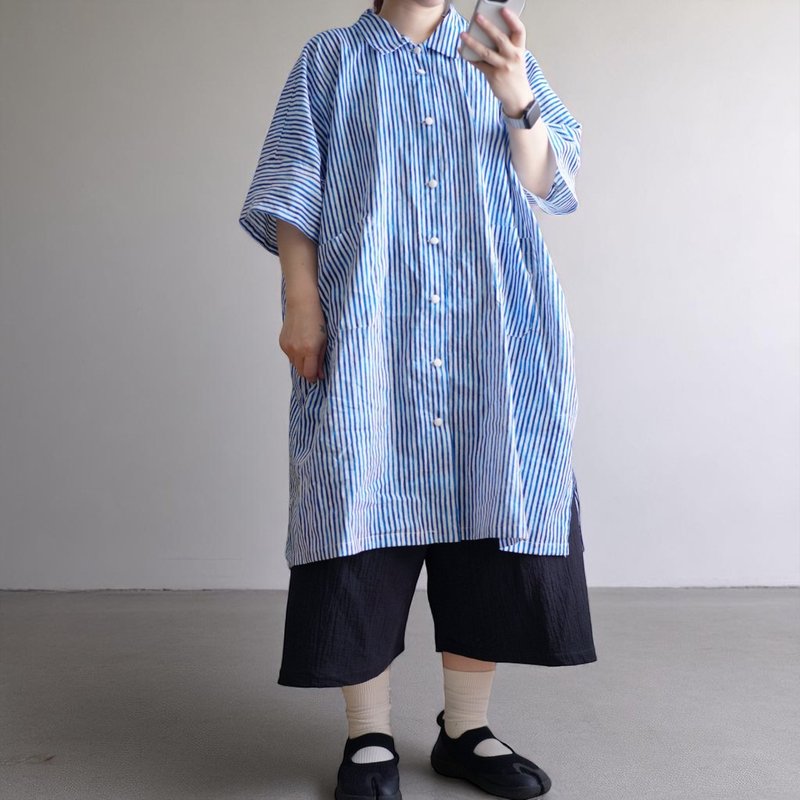 限量一件歪歪的蓝线超宽长版四方衬衫 - 女装衬衫 - 棉．麻 蓝色