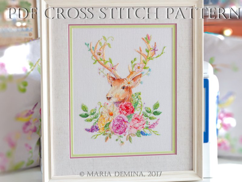 Watercolor Deer and Roses PDF cross stitch pattern - 手工艺教程/工具书 - 其他材质 