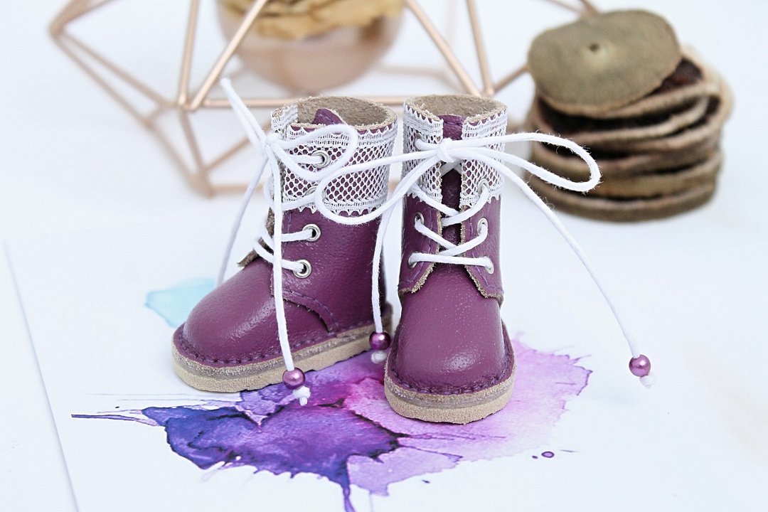 Lilac boots for 10 inches doll Boneka with shoelaces - 玩偶/公仔 - 真皮 紫色
