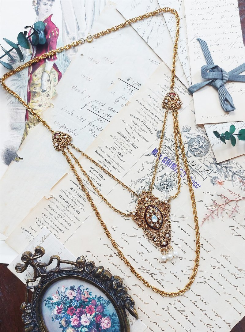 现货在台-Florenza豪华经典款珐琅月光石项链【美国老件时尚珠宝 - 项链 - 珐琅 红色