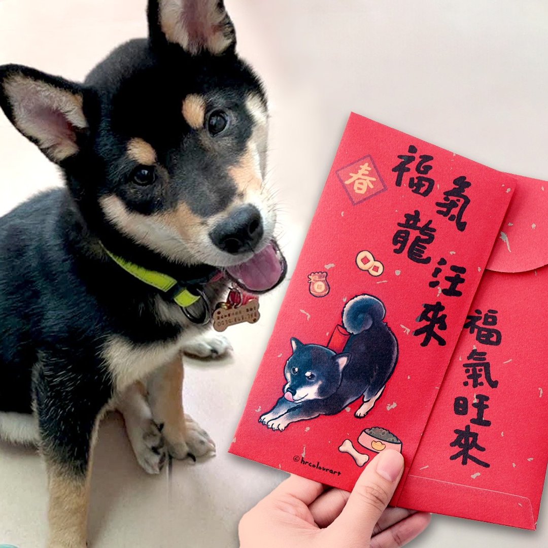 手绘插画犬奴毛小孩 福气龙汪来 福气旺来红包袋五入龙年红包挥春 - 红包/春联 - 其他材质 红色