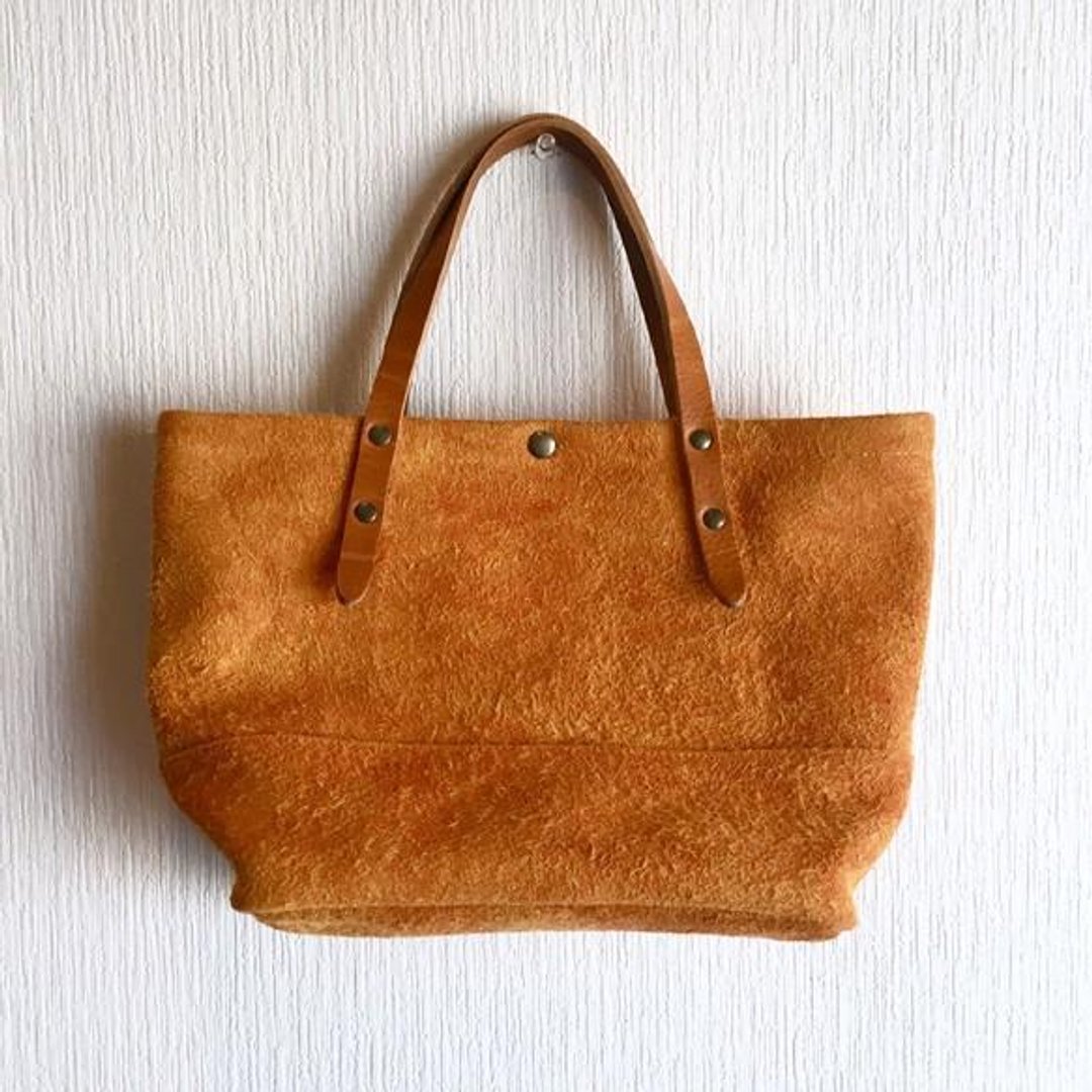 Genuine leather Angola velor and extra-thick oil velor switching tote bag [Mandarin orange] - 手提包/手提袋 - 真皮 橘色