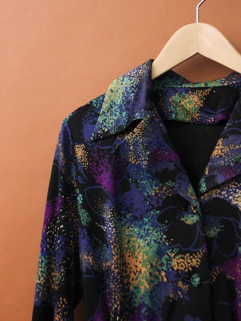 复古秋冬70s深色系大人感渲染印花长袖古着洋装 Vintage Dress - 洋装/连衣裙 - 聚酯纤维 黑色
