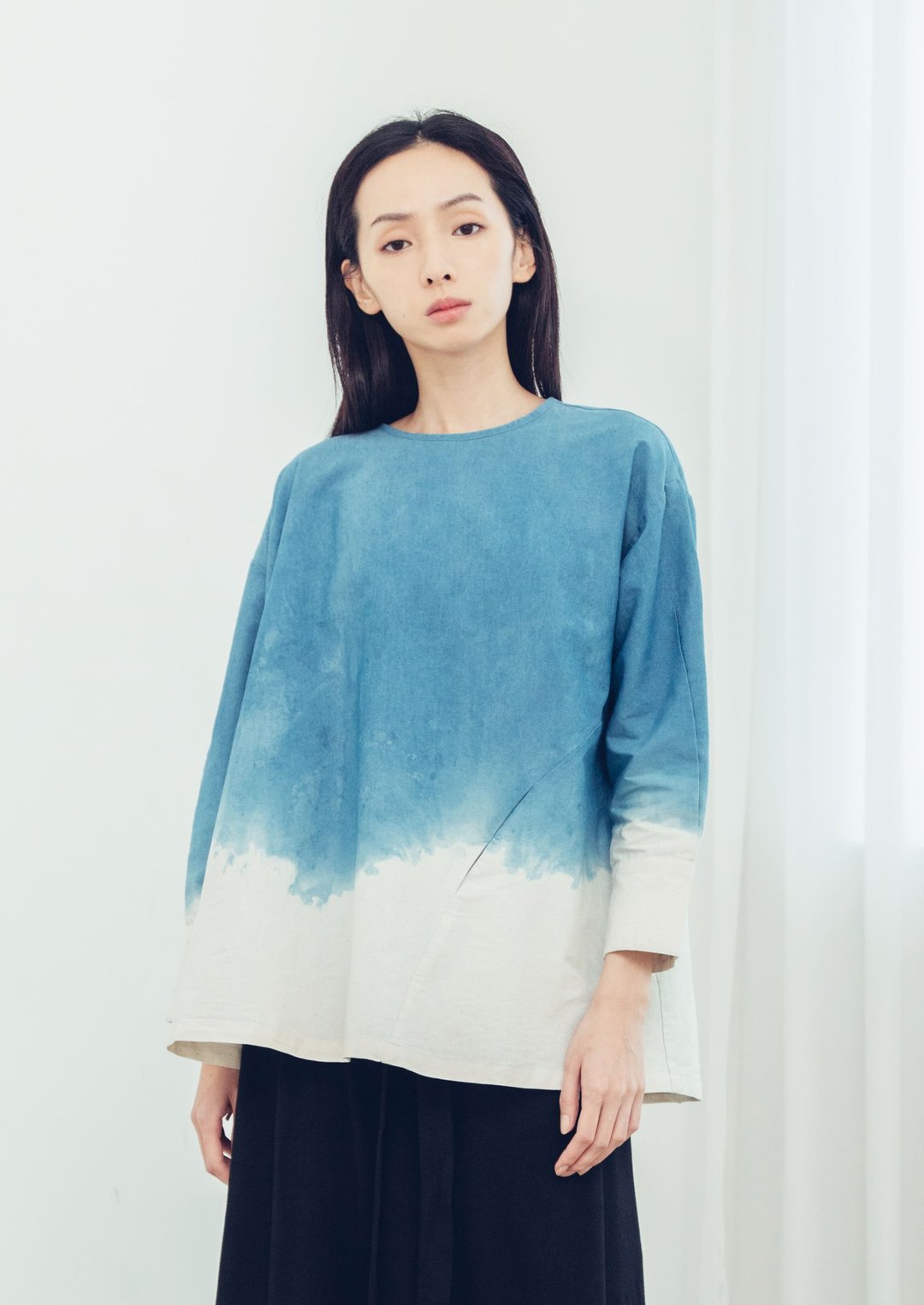 折衣 半开襟长袖上衣(蓝染) Organic Cotton - 女装上衣 - 棉 蓝色