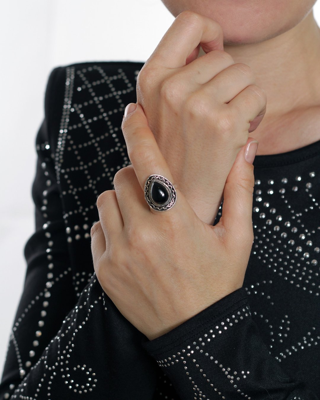 Black stone ring, Black onyx ring, Natural stone ring, Teardrop ring - 戒指 - 石头 黑色