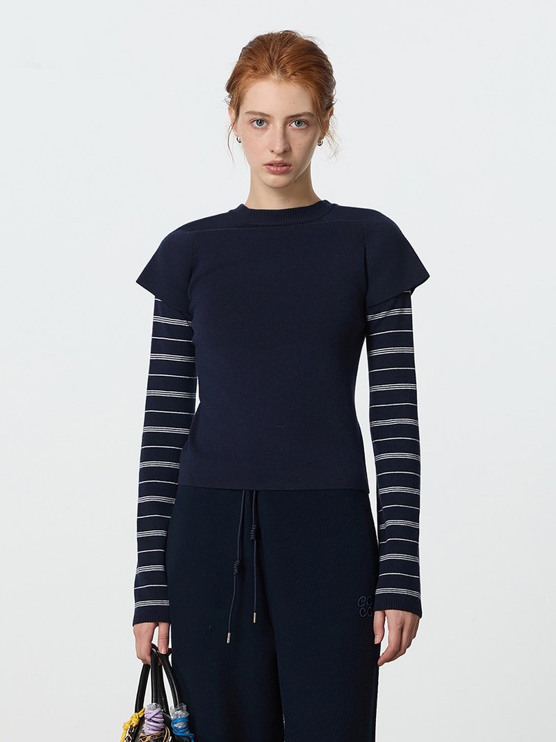 藏藍色 溫暖羊毛假兩件條紋長袖針織毛衣 - 女装针织衫/毛衣 - 羊毛 蓝色
