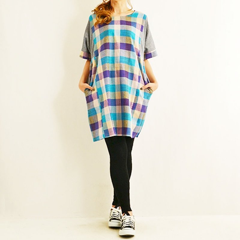 格纹拼接蝙蝠袖洋装 - 洋装/连衣裙 - 棉．麻 蓝色