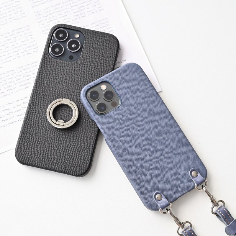 兼容于所有型号的智慧型手机保护套 [Marutto Saffiano 皮革] 智慧型手机肩部 智慧型手机环 智慧型手机支架 姬路皮革 真皮 男士礼物 BR01M - 手机壳/手机套 - 真皮 蓝色