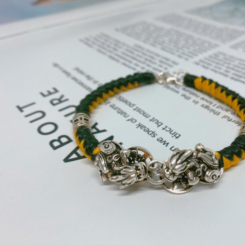 S&A财运守护(大款) 双貔貅 招财 守财 定制化 幸运手链 蚕丝蜡线 - 手链/手环 - 纯银 