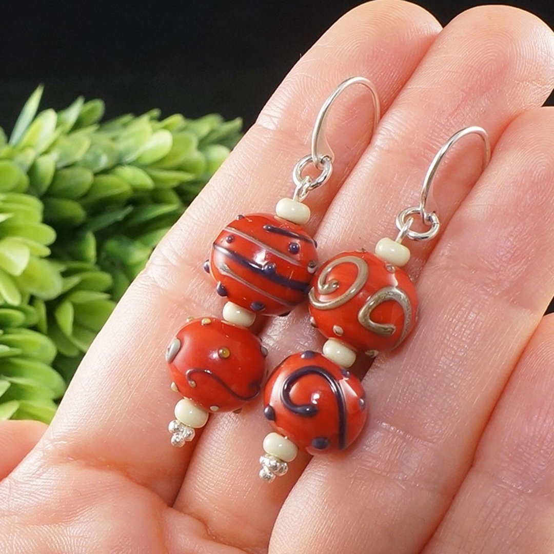 Red Beige Lampwork Murano Glass Sterling Silver Large Hook Earrings Jewelry Gift - 耳环/耳夹 - 玻璃 红色