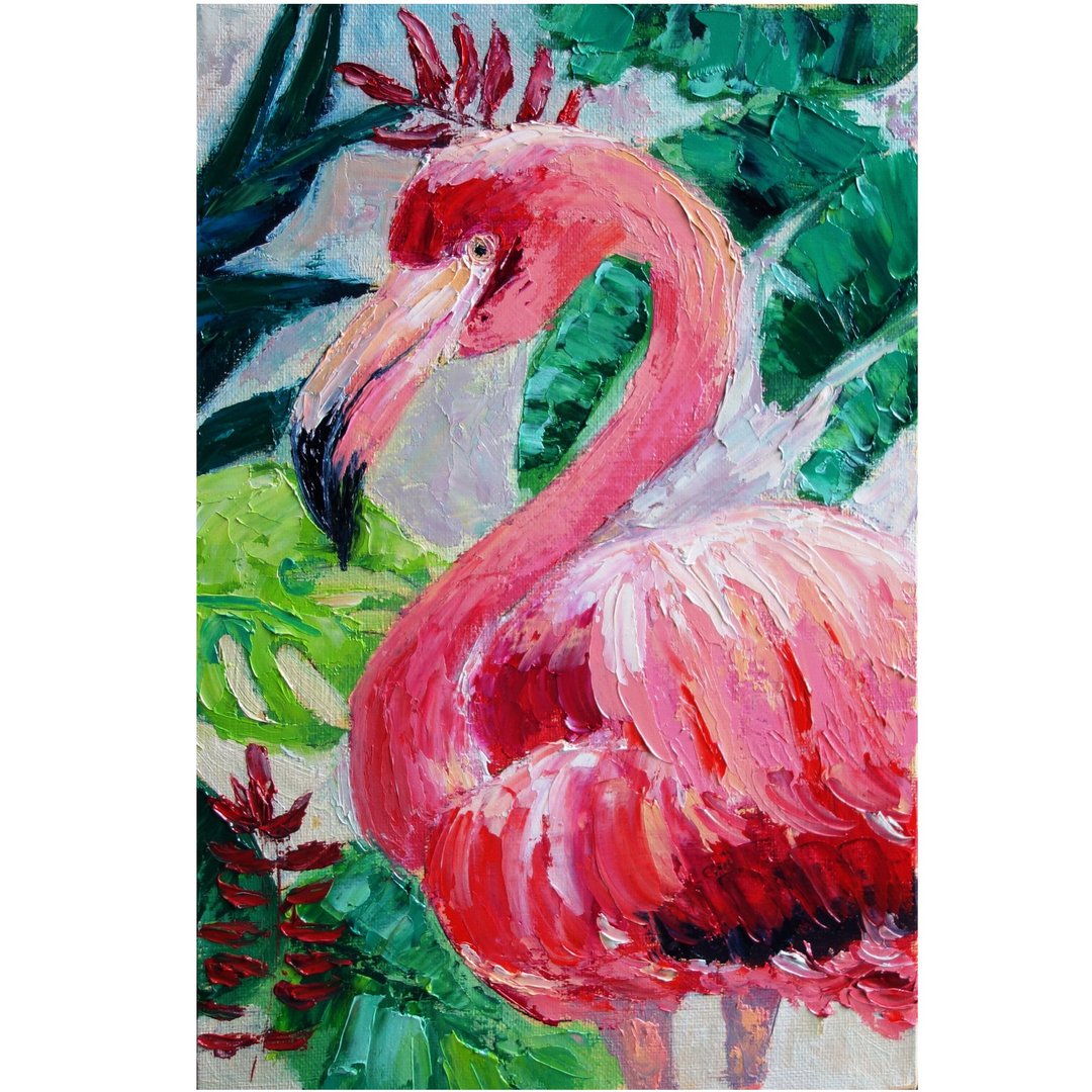 Flamingo Oil Painting Original Art Bird Artwork Animal Canvas Art Impasto - 海报/装饰画/版画 - 颜料 多色