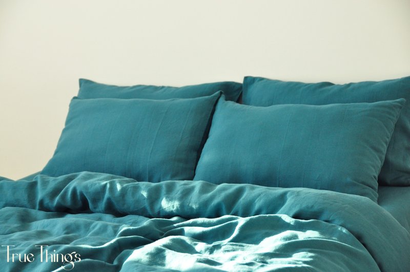 Teal linen pillowcase / Blue pillow cover / Euro, American, Taiwan size - 寝具 - 亚麻 蓝色