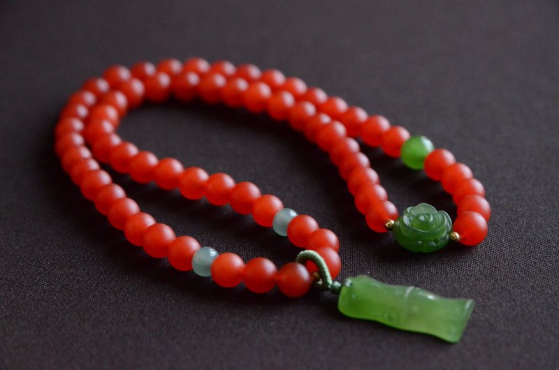 【鸿翠】天然保山南红碧玉玫瑰花竹节双圈手串 - 手链/手环 - 宝石 