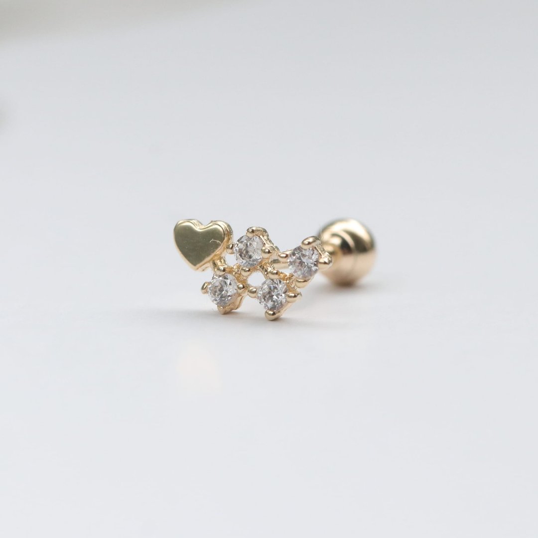 14K 爱心钻锁珠耳环 (单个)耳骨 耳窝 不退色 - 耳环/耳夹 - 贵金属 金色