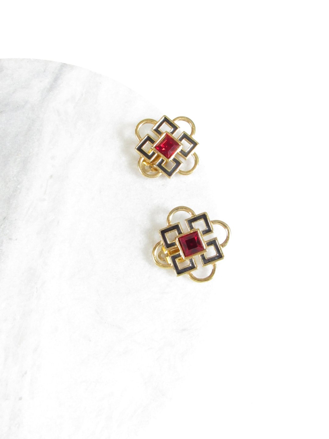 Vintage Art Deco Ruby Crystal Statement Earrings - 耳环/耳夹 - 贵金属 金色