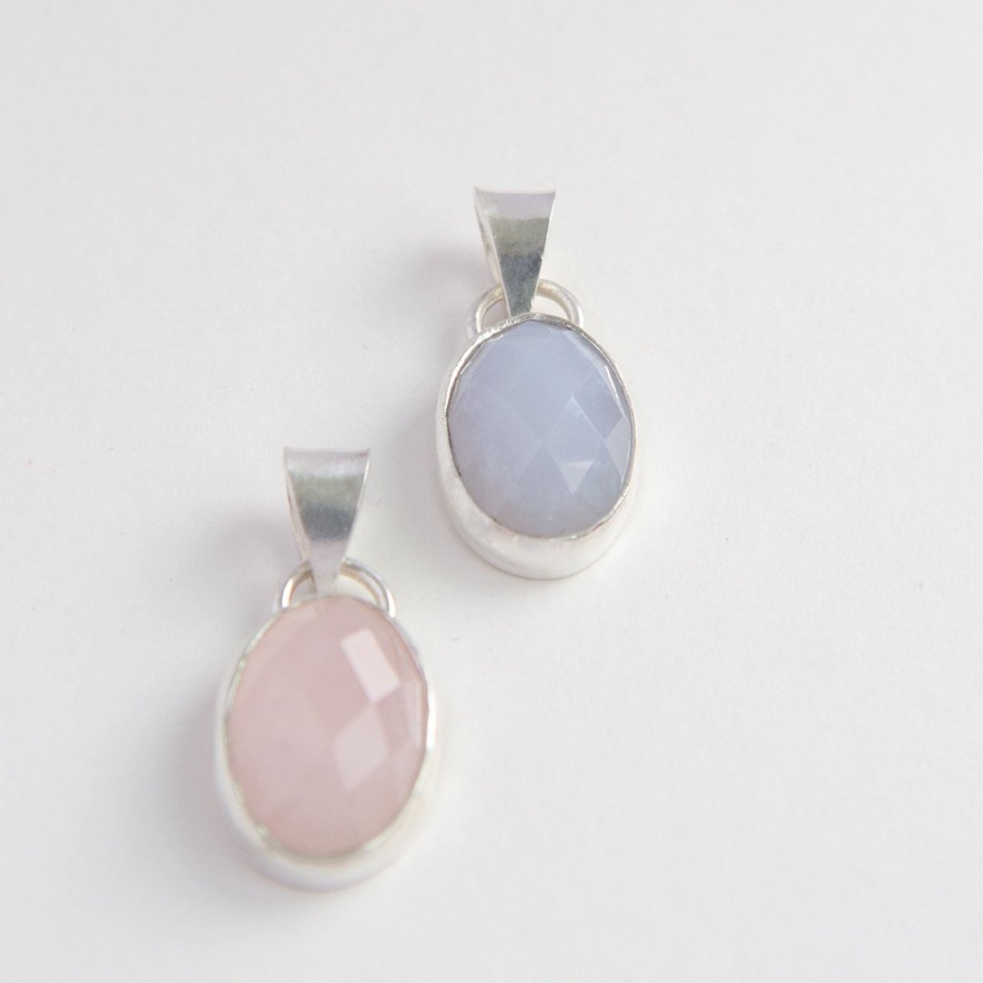 蓝玉髓纯银棋盘切面墬子 Blue chalcedony pendant - 项链 - 宝石 蓝色