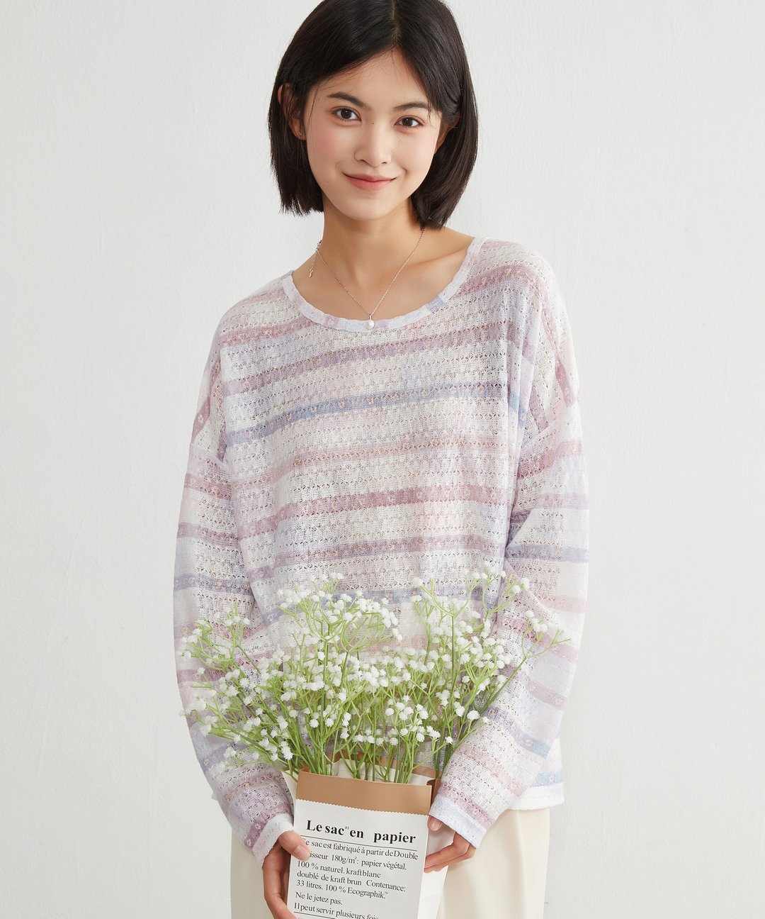 罗素编织仿扎染小碎花印花长袖条纹套头衫 - 女装上衣 - 聚酯纤维 紫色