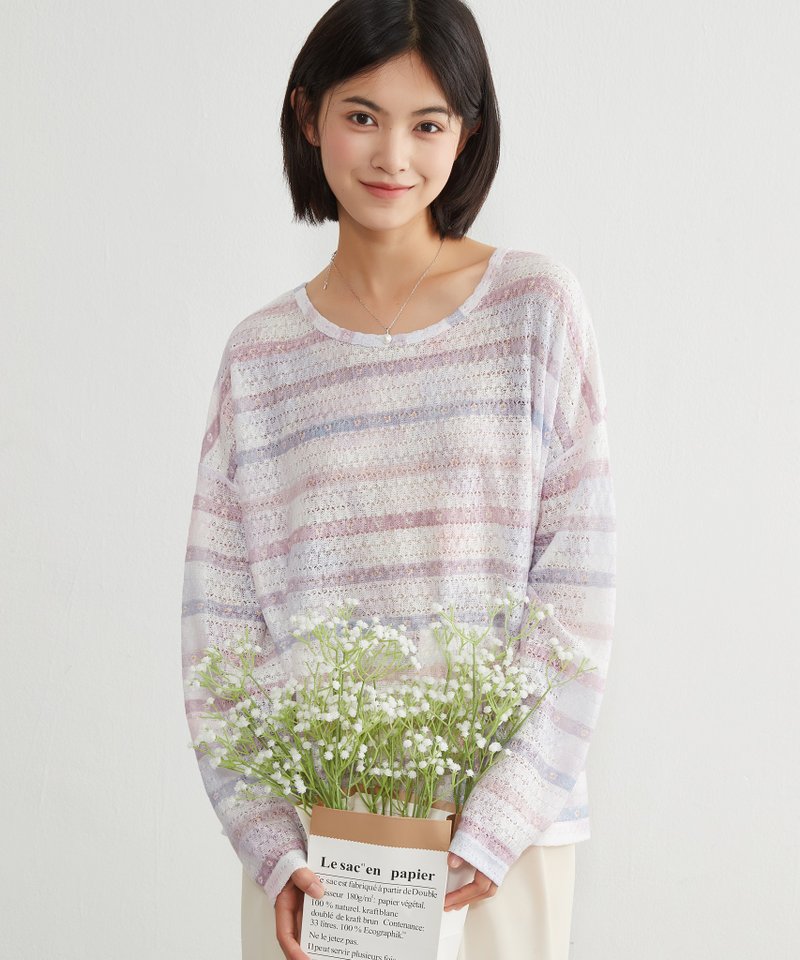 罗素编织仿扎染小碎花印花长袖条纹套头衫 - 女装上衣 - 聚酯纤维 紫色