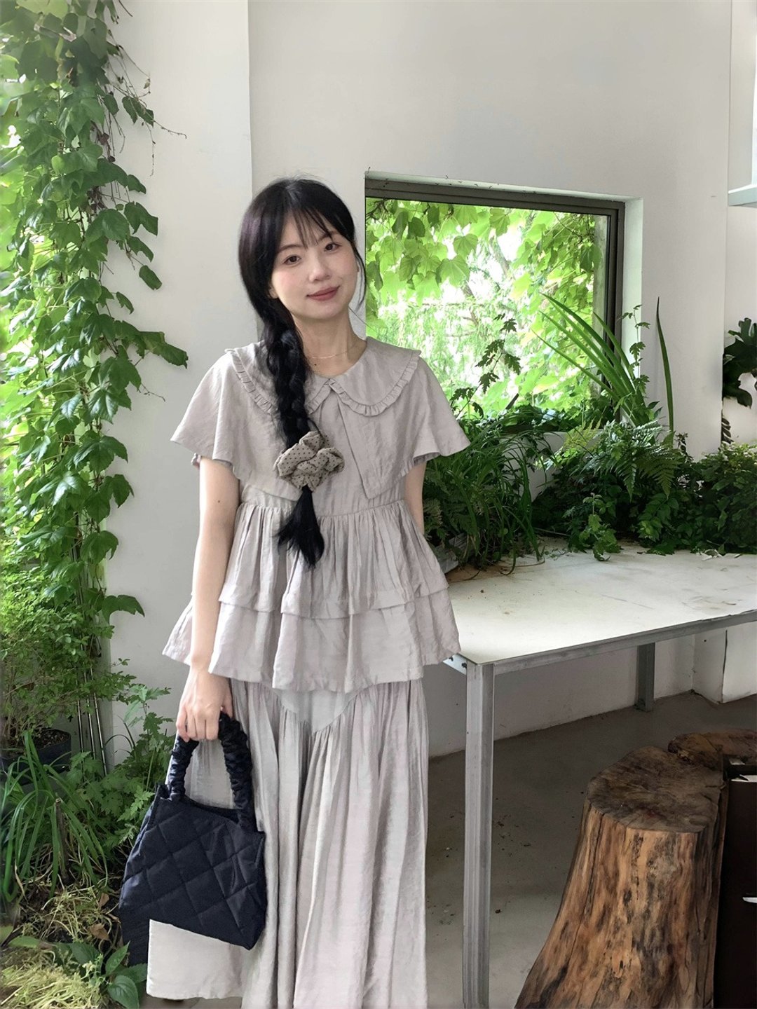 灰月光 氛围感套装 夏季 荷叶袖短袖衬衫半身裙 - 女装衬衫 - 其他材质 灰色